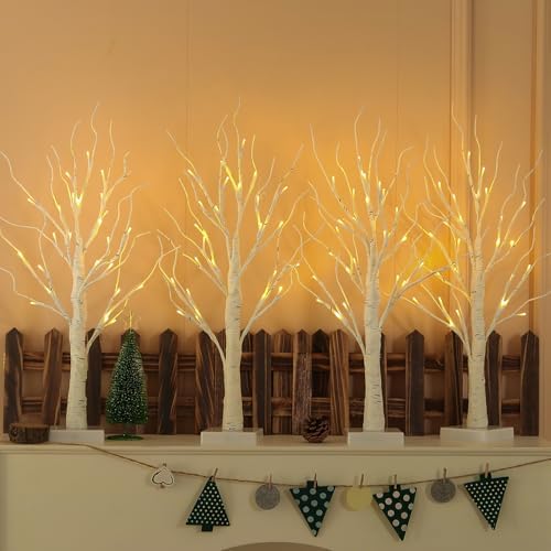 Lighted Birch Tree, 4 Pack 2FT Tree Indoor, Battery Operated Artificial Tree with 24 Warm White Lights, Inside Artificial Branch Tree for Christmas Home Wedding Decor Tabletop Tree Decoration by NOWSTO