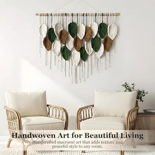 KORSIV Large Macrame Wall Hanging Boho Woven Tapestry, Modern Bohemian Handmade Leaf Feather Wall Art Decorations for Apartment Dorm Living Room Bedroom Nursery Backdrop, Chic Home Decor - Image 5