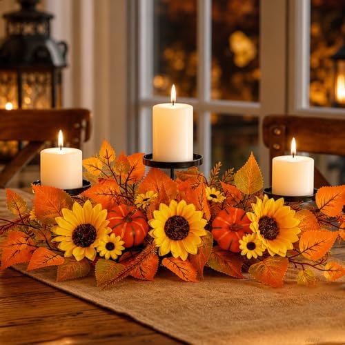 Alphatool Fall Centerpieces for Tables, 3 Candle Holders with Sunflowers by Alphatool