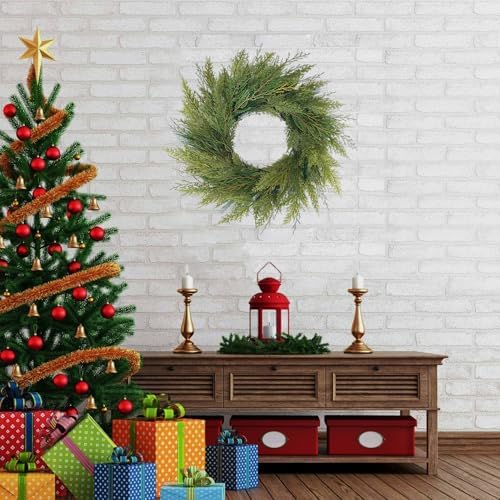 20” Green Faux Norfolk Pine Christmas Winter Wreath – Mixed with Real Touch Fake Cypress, Cedar & Spruce, Xmas Wreaths for Front Door Porch Mantel & Fireplace - Image 6