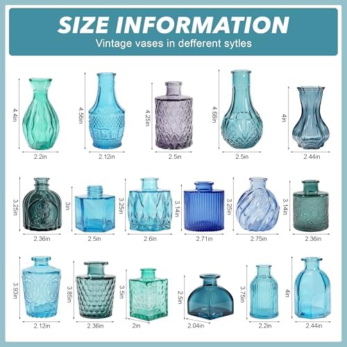 Colored Glass Vases Bulk 32 Pcs - Assorted Vintage Bud Vases for Wedding Centerpieces, Rustic Embossed Glass Bottles for Table Decor, Home Floral Arrangements with Blue Series (2-6 Inch) - Image 4