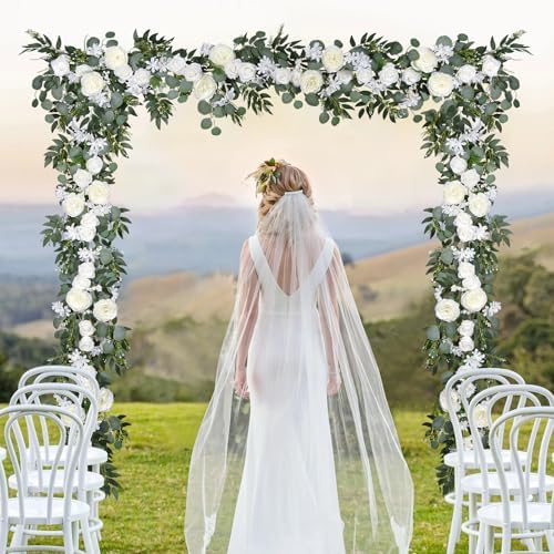 Lvydec 2 Pack Artificial Peony Flower Garland - 6ft Silk Peony Vine Willow Leaves and Eucalyptus Garland White Arch Flower Vine for Wedding Party Table Decoration (White) - Image 4
