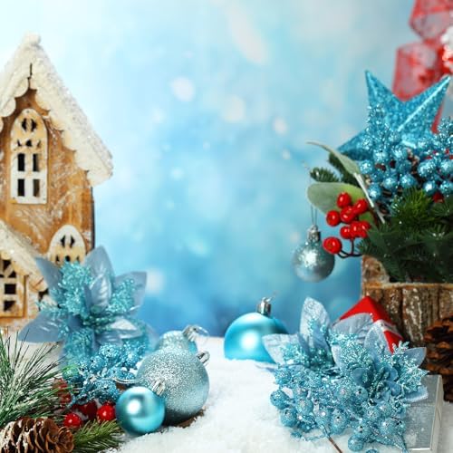 Realspring 72 Pieces Christmas Tree Ornament Set Xmas Assorted Decorations Bulk Glitter Poinsettia Berry Picks Topper Star Sequin Tree Skirts for Home Wreaths Holiday Party Favors (Light Blue) - Image 3