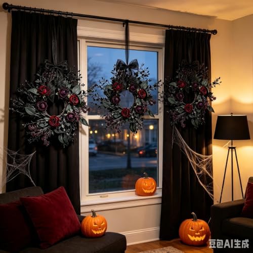 6 Pcs Small Halloween Hanging Wreaths with Burgundy Deep Purple Roses Black Foliage Black Sheer Bow Gothic Mini Cabinet Wreath for Home Table Centerpieces Kitchen Halloween Party Decor - Image 7