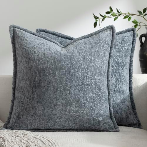 DEZENE Pack of 2 Dusty Blue Decorative Throw Pillow Covers 22x22 Cozy Soft Chenille Accent Vintage Square Couch Pillow Covers for Home Decor Bed Sofa Living Room by DEZENE
