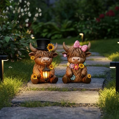 Retisee 2 Pcs Solar Highland Cow Garden Statue LED Light Resin Outdoor - Image 3