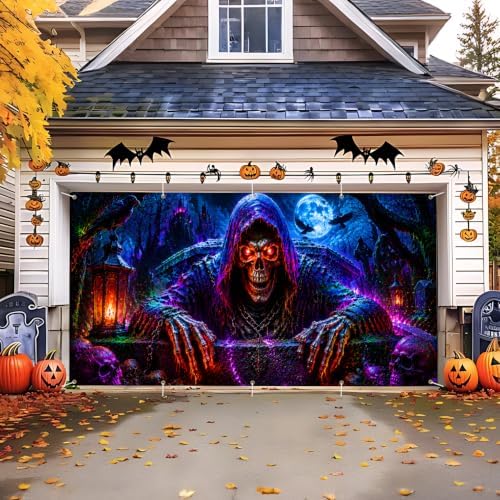 7x16ft Halloween Garage Door Banner Decorations, Scary Grim Reaper Skull - Image 6