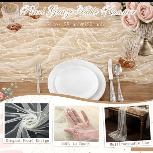 Beige 10 Pcs Pearl Gauze Table Runner 120 Inch 10ft Pearl Sheer Tulle Table Cloth Centerpieces for Home Wedding Birthday Bridal Baby Shower Party Favor Holiday Dining Decorations - Image 3
