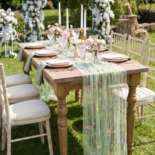 QueenDream Sage Green Wildflower Floral Table Runner 3 Pcs 10FT Gauze Embroidery Table Runners for Home Wedding Baby Shower Birthday Party Decorations - Image 3