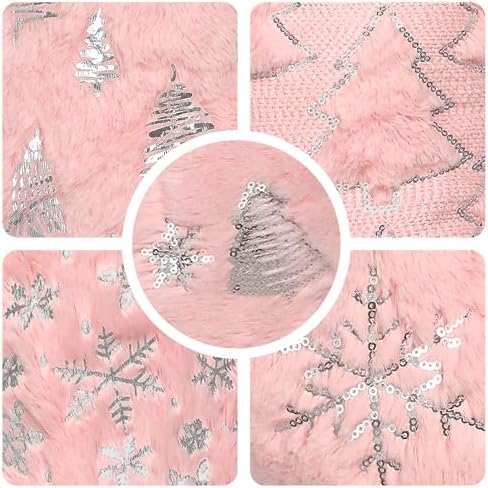 Pink Christmas Stockings Set of 5 - Lage Elegant Faux Fur Xmas Stockings with Silver Christmas Tree Snowflake Designs, Pink Christmas Decoration for Holiday Party Home - Image 4