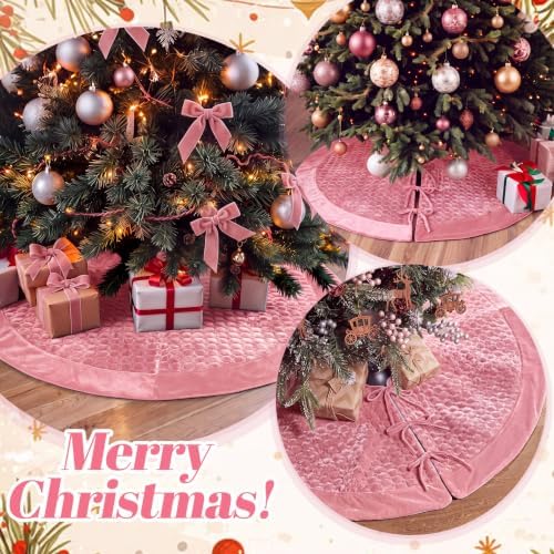Arrowbash 48 Inch Velvet Christmas Tree Skirt Quilted Tree Skirt, Pink - Image 6
