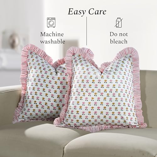 CPC Rosette Bloom Hand Block Print 100% Cotton Ruffle Throw Pillow Cover 20x20 inch with Hidden Zipper Decorative for Couch, Bed, Sofa, Farmhouse, Cottagecore Decor Gift Christmas Fall Thanksgiving - Image 6