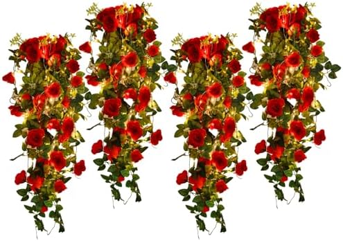 RECUTMS 4Pcs Artificial Red Rose Fake Hanging Flowers Plants with Lights by RECUTMS