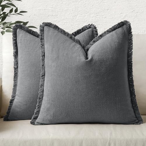 MIULEE Boho Linen Fringe Decorative Throw Pillow Covers Dark Grey 18x18 by MIULEE