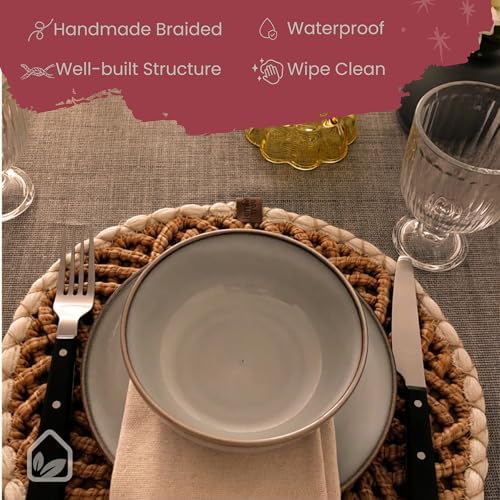 Round Braided Placemats Set of 6, Handmade Table Mats for Kitchen Dining Party Table Decor Waterproof Easy to Clean Perfect Fall Placemat for Thanksgiving, Christmas, Weeding, Halloween & Everyday Use - Image 3