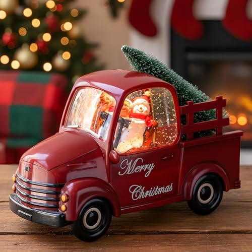 Snowman Christmas Snow Globes Red Truck Carrying Christmas Tree Water Lantern, 8 Christmas Music, Holiday Decorations Gifts for Family, Children or Friends by MXwcy