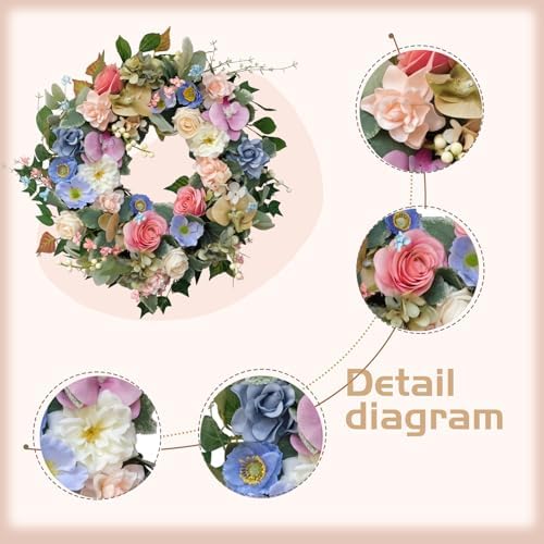 22" Artificial Flower Wreath, Colorful Spring/Summer Floral Wreaths with Roses Orchid Gardenia Hydrangea for Front Door Wall Window Holiday Festival Party Banquet Wedding Decor - Image 2