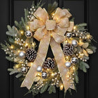 24 Inch Christmas Wreath for Front Door with Lights Golden Bow Winter Wreath Sliver Christmas Balls Pinecones Pine Needles for Wall Home Holiday Xmas Decor - Image 7