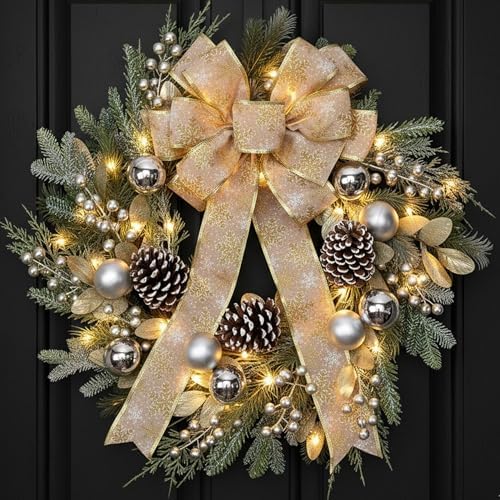 24 Inch Christmas Wreath for Front Door with Lights Golden Bow Winter Wreath Sliver Christmas Balls Pinecones Pine Needles for Wall Home Holiday Xmas Decor - Image 7
