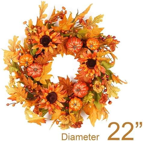 Fall Wreaths for Front Door 22 Inch, Autumn Wreath with Berry Pumpkin, Maple Leaves, Thanksgiving Harvest Festival Decorations Indoor and Outdoor (Orange-Pumpkins) - Image 3