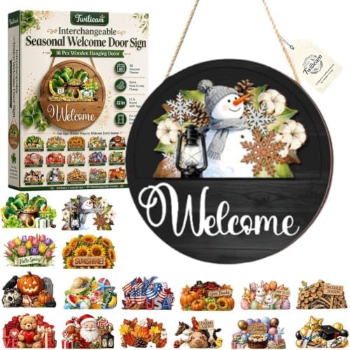 Interchangeable Seasonal Welcome Door Sign for Front 16 Pcs Wooden Hanging by Unknown