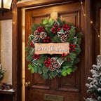 20" Merry Christmas Wreaths for Front Door Winter with Pine Needles Eucalyptus Holly Leaves Pine Cones Red Berries for Indoor Outdoor Home Wall Decor Decoration - Image 3