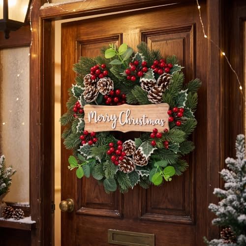 20" Merry Christmas Wreaths for Front Door Winter with Pine Needles Eucalyptus Holly Leaves Pine Cones Red Berries for Indoor Outdoor Home Wall Decor Decoration - Image 3