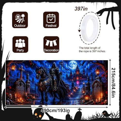 Gothic Grim Reaper Garage Door Banner 7x16ft, Dark Halloween Vampire Castle Outdoor, Ghost Rider Horse Graveyard Backdrop Large Double Garage Door Tapestry Mural for House Front Holiday Decor - Image 2