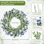 26" Floral Wreath, Artificial Spring Wreaths for Front Door, with Wildflower Portulaca Flowers, Indoor Outdoor Porch Window Wall Home Decor for Valentine’s Day Easter, Summer & Wedding Blue - Image 2