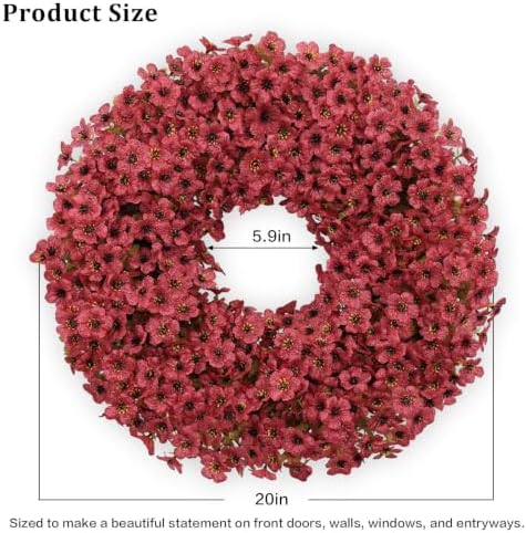 20" Burgundy Fall Wreath for Front Door, Artificial Mums Autumn Wreath - Image 2