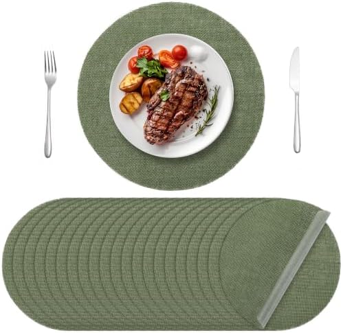 Aneco 50 Pieces Round Burlap Placemats 13.78 Inch Reusable Sage Green Table Mats Heat Resistant Natural Jute Fibers Placemats Burlap Circle Rustic Table Decorations for Dinner Holiday Farmhouse Decor by Aneco