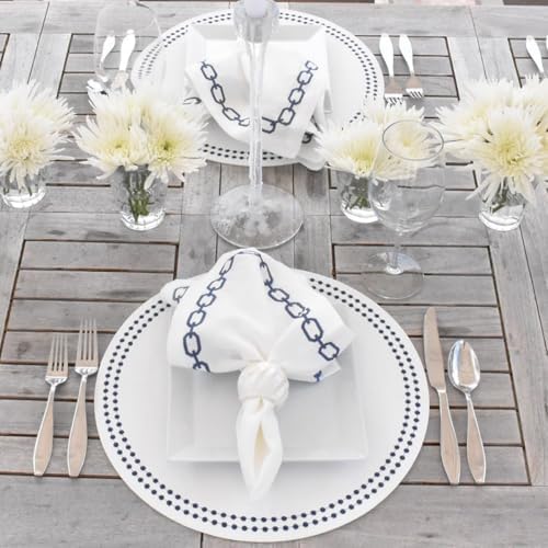 Bodrum Pearls Round Embroidered Placemats Set of 4 – 15" Elegant Table Mats for Dining, Weddings & Special Occasions, Decorative, Wipe-Clean Vinyl Placemats, Pure White/Navy - Image 4