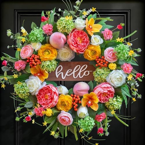 Spring Wreath for Front Door, 24 Inch Artificial Spring and Summer Wreath with Peony, Rose, Orchid, Hydrangea and Gardenia Flowers, Peach, Berries and Hello Wooden Sign, Decor for Indoor Outdoor by NaturaWre