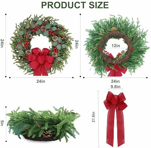 zjlmit Artificial Christmas Wreath 24Inch Christmas Wreaths for Front Door Norfolk Pine Wreath with Eucalyptus Leaves Red Berries Pine Cones Red Bow for Wall Indoor Outdoor Winter Xmas Decoration - Image 4