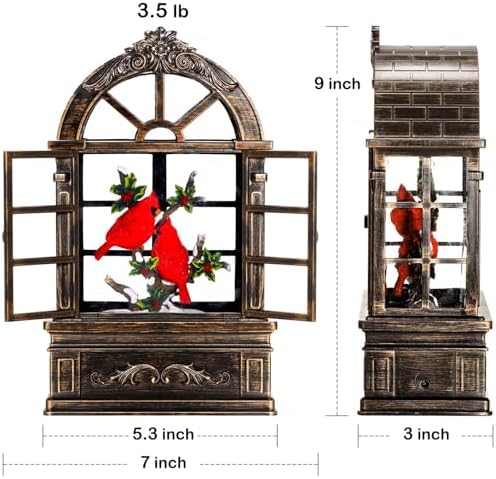 Cardinal Snow Globe Lantern Christmas Snow Globes Arched Window Shape Christmas Decorations Indoor for Home Timer Christmas Music Box, USB and Battery Powered - Image 5