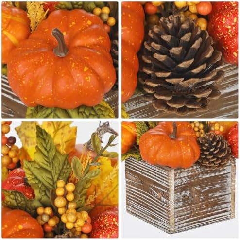 Artificial Pumpkins Fall Centerpiece for Table In Rustic Square Wooden Box - Image 3