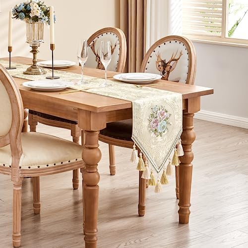 Loom and Mill Elegant Floral Jacquard Table Runner 13x72 inch, Pearly Beige - Image 7