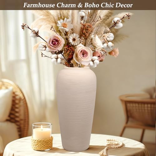 Tall Ceramic Vase 12 Inch Neutral Textured Vase,Cream Vase for Home Decor - Image 3