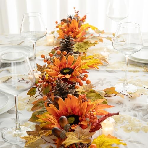 Glitzhome 6FT Fall Thanksgiving Garland, Artificial Hanging Sunflower & Maple Leaf & Berry Garland, Autumn Decor for Home Christmas Thanksgiving Halloween Wedding - Image 4