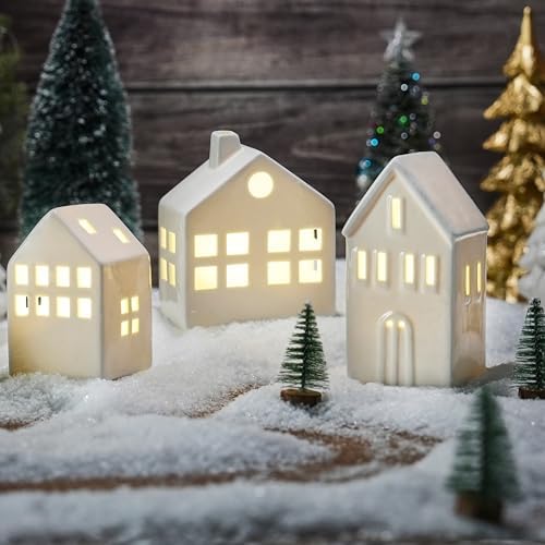 Ceramic Christmas Village Houses, White Christmas Houses with Xmas Trees by AOMOONOA