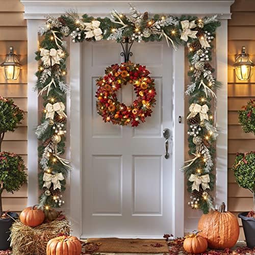 Christmas Garland with Lights, Champagne Gold 6FT 20LED Pre-Lit Christmas Garland with Ball Ornaments, Ribbons, Pine Cones and Artificial Antlers for Door Mantle Stairs Christmas Decoration - Image 2