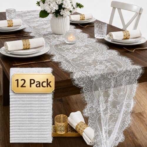 12 Pack White Lace Table Runners 14 x 120 Inch with Bonus Napkin Rings, Machine Washable Reusable Boho Embroidered Floral Decor for Wedding, Bridal Shower, Baby Shower & Holiday Table Decor by Unknown