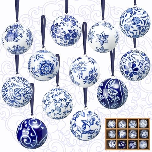 Cindeer 12 Pcs Blue and White Christmas Porcelain Balls, Elegant Style by Cindeer