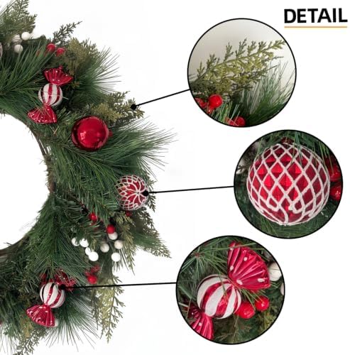 HipTree 24 Inch Lighted Christmas Wreath for Front Door,Red White - Image 3