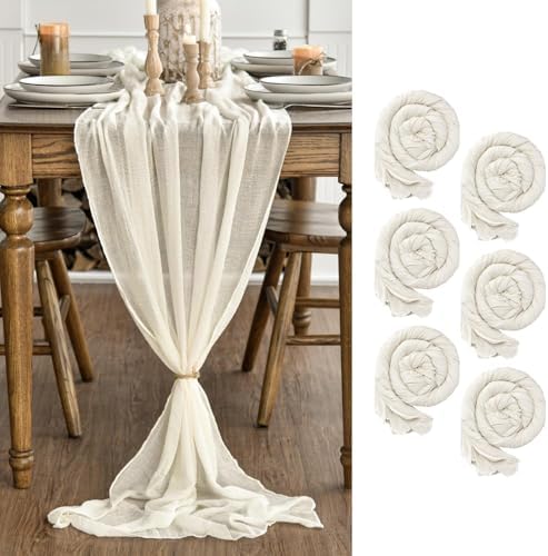 Artoid Mode Boho Beige Gauze 6 Pieces Wedding Table Runner, 120 Inch Birthday Fabric Kitchen Dining Holiday Table Decor for Home Party Indoor by ArtoidMode