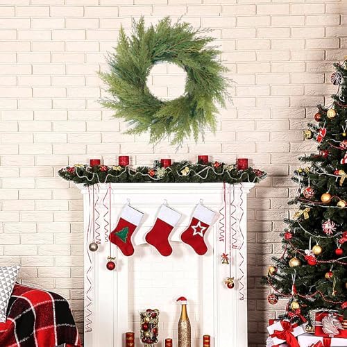 20” Green Faux Norfolk Pine Christmas Winter Wreath – Mixed with Real Touch Fake Cypress, Cedar & Spruce, Xmas Wreaths for Front Door Porch Mantel & Fireplace - Image 5