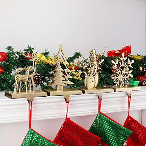 Set of 4 Christmas Stocking Holders for Mantle and Tree - Reindeer, Snowflake, Snowman Designs - Bronze Fireplace Stocking Hangers - Image 2