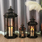 JHY DESIGN Set of 3 Decorative Candle Lanterns 20''&14"&10" H Outdoor Candle Lanterns Vintage Metal Cand leholder for Indoor Outdoor, Events, Parities and Weddings(Black with Gold Brush) - Image 4
