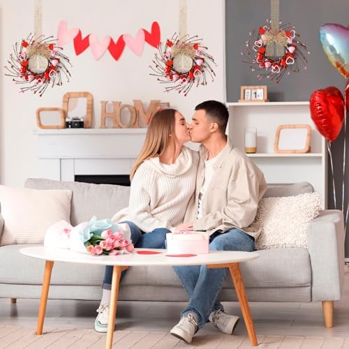6 Pcs Valentines Day Wreaths Kitchen Cabinet Decor Farmhouse Artificial Red Pink Heart Berries Mini Valentine's Day Windows Wreaths for Front Door Porch Wall Decor - Image 5