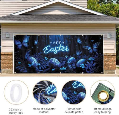 Happy Easter Glowing Garage Door Banner 7x16FT, Neon Happy Easter Garage Door Cover with Blue Butterflies and Easter Eggs, Spring Holiday Decoration for Yard and Garage - Image 4